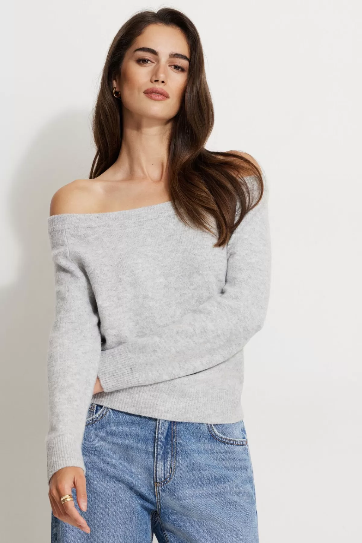 Dynamite Heavenlyarn™ Off Shoulder Sweater Gray Discount