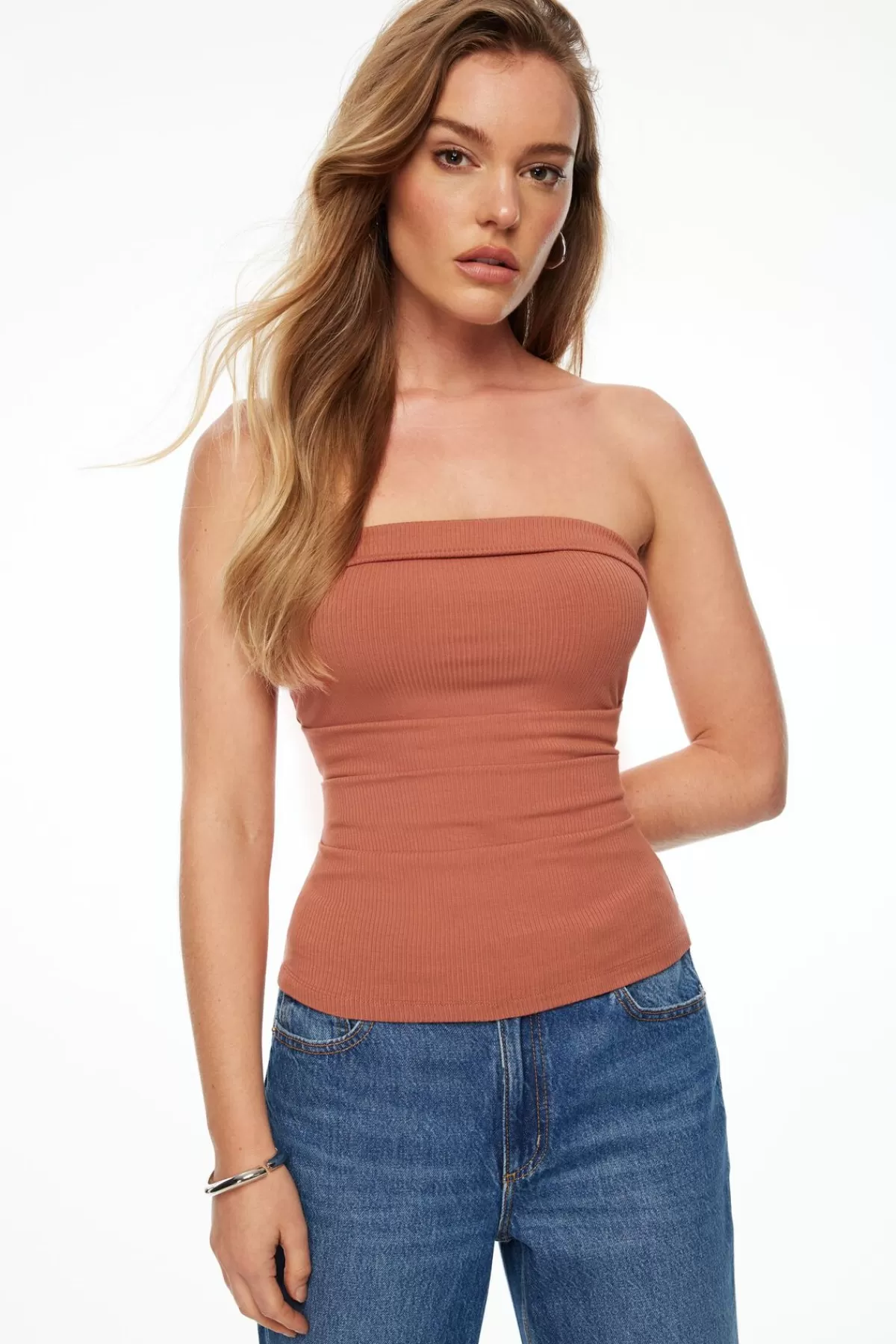 Dynamite Pleated Ribbed Tube Top Brown Cheap